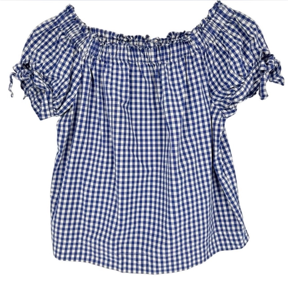 J. Crew Blue and White Gingham Off-Shoulder Blouse